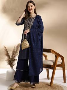 Mujeres motivos étnicos bordado cuello redondo recto puro algodón Kurta con Sharara y Dupatta traje indio pakistaní - Product Image 6