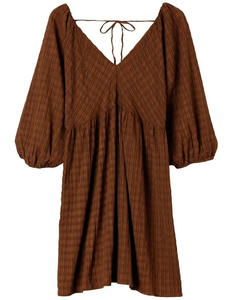 Vestido MIDI de cintura natural ODM marrón para mujer, cuello en V, puños elásticos, silueta de línea A transpirable ecológica - Product Image 5