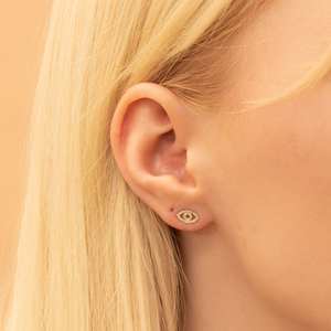 Boucles d'oreilles en or massif 14 carats avec diamant de taille ronde cultivées en laboratoire Formes uniques d'oeil Petits clous en diamant Bijoux de charme pour elle - Product Image 4