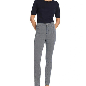 2025 pantalones pitillo de algodón transpirables con botones blancos y negros ajustados de cintura alta para mujer personalizados lavados de alta calidad - Product Image 3