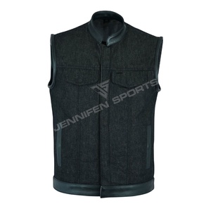 Custom Leather&Denim <b>Vest</b> <b>Black</b> Stitching Zipper Motorcycle Biker Men <b>Vests</b> With Multiple Pockets - Product Image 1