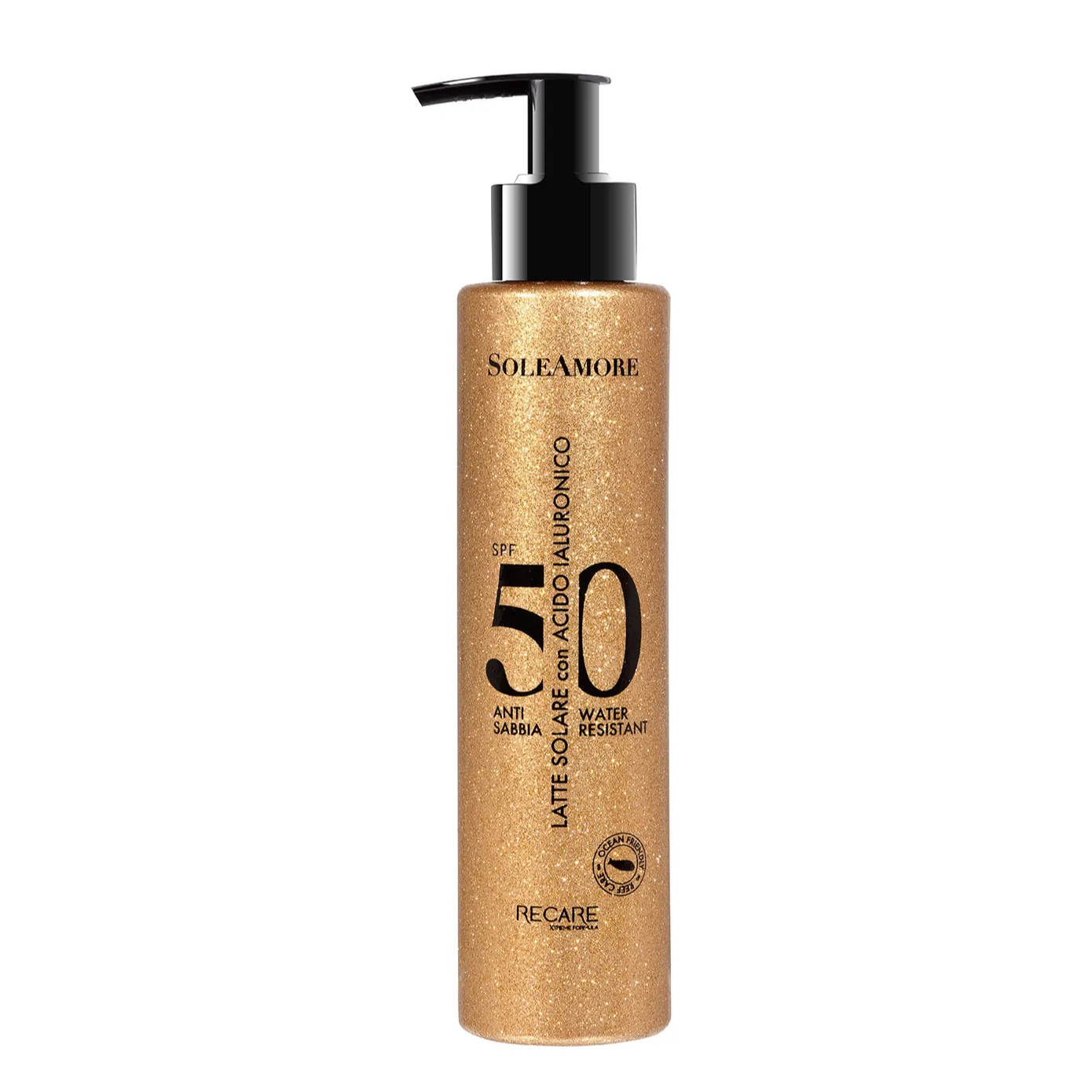 Lait solaire de haute qualité fabriqué en Italie SPF 50 Soleamore résistant à l'eau avec acide hyaluronique adapté aux peaux délicates 200 ml