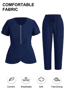 Conjunto de 2 piezas de tela de punto transpirable sólida de manga larga para mujer, novedad de verano 2025, Tops sin cuello con cremallera, Pantalón recto con cordón - Product Image 6