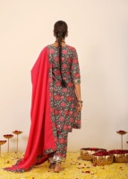 Conjunto de Kurta Informal Kaori, Sin Arrugas, de Secado Rápido, con Protección Solar, Dupatta de Algodón, Estampado Geométrico Kantha/Ajrakh, Manga 3/4, Corte en A