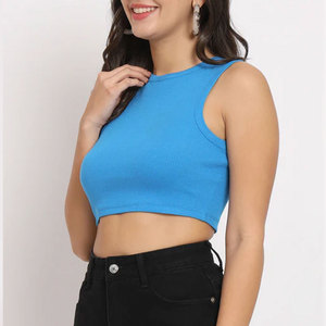 Women's Blue Crop <b>Top</b> Crew Neck <b>Sleeveless</b> <b>Knitted</b> Solid Color Regular Fit High Street Breathable Spandex Cotton Spring Summer - Product Image 2