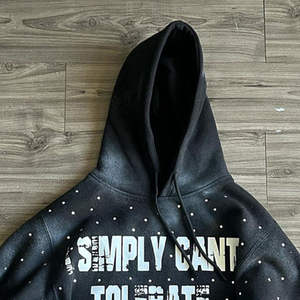 Sweat à capuche homme lourd délavé au soleil motif vieilli avec logo personnalisé patch brodé strass 100% coton hiver - Product Image 2