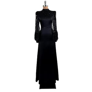 Robe de soirée en satin avec perles et paillettes Cape détaillée brodée sur le devant Abaya robe islamique modeste - Product Image 1