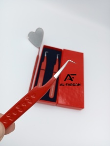 Pince à épiler pour extensions de cils à pointe pointue à 90 degrés, couleur rouge, avec poignée gravée en forme de cœur, pointe en fibre, logo personnalisé, boîtes de rangement pour pinces à cils - Product Image 1