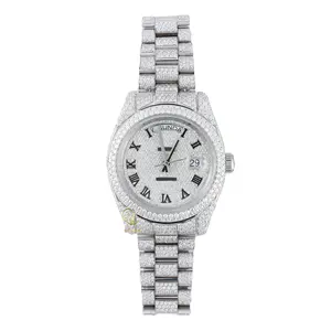 Nieuwe Trendy Charme Volledig Bevroren D Vvs Ronde Briljant Gesneden Kristal Romal Wijzerplaat Gewoon Date Real Moissanite Diamond Sieraden Horloge