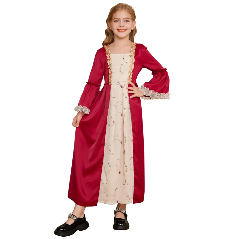 SD Kids Renaissance Contraste Color Dress Bell Sleeve Square Neck Maxi Flower Kids Dress Up disfraz Vestidos para niñas