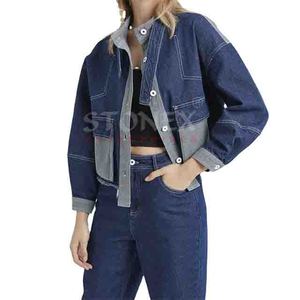 Chaquetas de mezclilla recortadas de retazos en contraste de 2 colores con cuello abotonado estilo novio para mujer personalizadas - Product Image 1