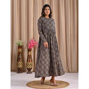 Vestido Anarkali de Algodón Negro Estampado a Mano, Ropa Étnica India Dibujada a Mano, Salwar Kameez Suave con Tela de Red - Product Image 6