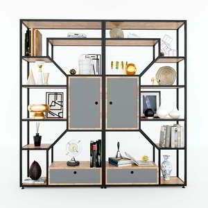Estante Decorativo de Diseño Industrial Moderno de 90x30x180cm con Gabinete de Madera de Caucho KTB68072, Mueble de Sala de Estar con 5+ Compartimentos - Product Image 4