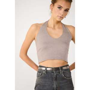 Top Corto Casual Estilo Occidental con Cuello Halter Brillante, Tela de Poliéster Brillante, Logotipo Frontal, Tallas XS-XL para Primavera, Verano y Otoño - Product Image 3