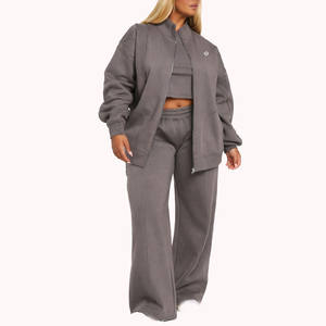 Women Oversized Zip <b>Jacket</b> and <b>Straight</b> Leg Pants Set Cotton Fleece Activewear Tracksuit for Private Label - Product Image 3