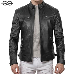 Customizable Men's Genuine Lambskin Leather Biker <b>Jacket</b> Vintage Motorcycle Outerwear with Stand Collar - Product Image 2