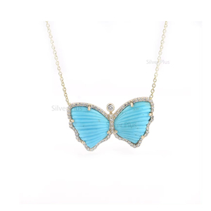 Sólido 14K oro blanco natural turquesa diamante mariposa colgante collar al por mayor fabricante joyería proveedor - Product Image 4