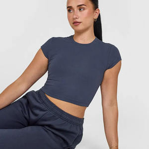 Camiseta de algodón 100% para mujer con logotipo personalizado OEM, azul verdadero, informal, elegante, de diseñador, ajuste relajado, ligero, transpirable, gimnasio, Verano - Product Image 6