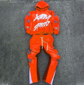 Custom Logo <b>Slim</b> Fit Plus Size Distressed Embroidery <b>Patch</b> 100% Cotton Tracksuit Set with Fleece Solid Sweatpants & Hoodies - Product Image 2