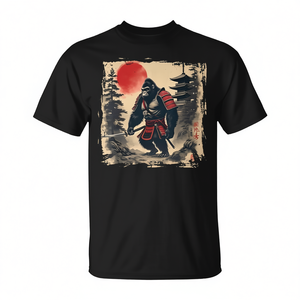 T-shirt vintage con grafica tramonto giapponese per Big Foot Samurai, abbigliamento promozionale in stile giapponese - Product Image 2