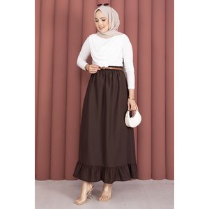 Linda Falda Coreana con Pliegues y Detalle de Volantes, Cintura Elástica, Suave y Transpirable, de Seda y Chifón Marrón, Talla XS Corta - Product Image 3