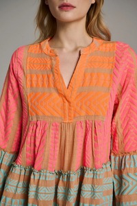 Nouveauté robe tunique à manches cloche pour femmes, belle couleur, tissage en V, robe courte texturée pour événements en plein air, sorties d'été - Product Image 5