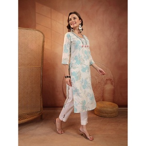 Kurta de Algodón con Estampado Floral para Mujer, Estilo Tradicional, Elástica, con Bordado, Ropa Étnica Pakistaní e India - Product Image 1