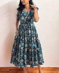Traje bohemio de verano para mujer, vestido Midi con estampado Floral azul turquesa, Vintage, negro, línea A, elegante, algodón étnico, cintura Imperio - Product Image 4