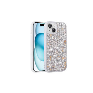 Funda de Silicona con Brillantes y Pedrería de Lujo, Línea Premium ASMA, Acabado Brillante, para iPhone 15, en Color Blanco, Estilo Ins - Product Image 1