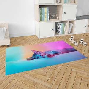 Tapis de porte chat endormi en laine patchwork coloré, écologique, motif chaton néon rêveur, à poils moyens et envers en latex - Product Image 4