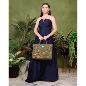 Bolso Tote Bohemio Priglob Exim de Cuero Vegano con Bordado de Hilo de Algodón para Mujer, Verde Oliva, Alta Calidad, Todas las Temporadas, PickAleaf Hasps - Product Image 4