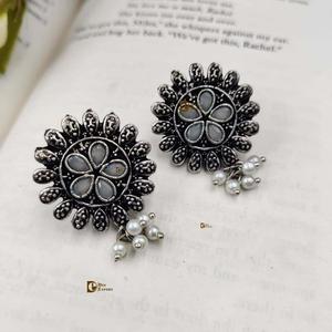 Handmade German Silver Stone Work Round Stud Earrings for Women Girls Casual Party Wear Flower Pattern Pearl Main Stone for Gift - Product Image 1