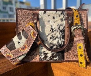 New Real Hand Tooled Floral Print Cowhide Fur <b>Leather</b> Tote Bag New Western Sunflower Tooled Fur <b>Leather</b> Clutch Combo Set - Product Image 1