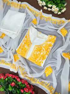 Traje Salwar cosido con cadena amarilla y blanca de alta calidad, tela de seda Georgette de imitación para ropa de fiesta de mujeres indias - Product Image 2