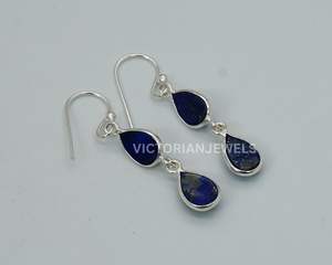 925 argent sterling massif bleu Lapis Lazuli mois de septembre pierre de naissance deux pierres crochet boucle d'oreille - Product Image 2