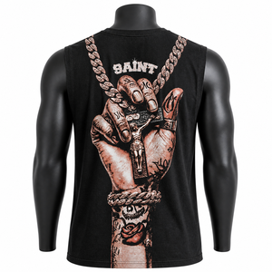 Camiseta sin mangas negra personalizada al por mayor para hombre, estilo urbano, con estampado de cadena - Product Image 2