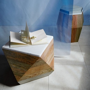 Contemporary Geometric Wood Coffee <b>Table</b> With Marble Top And Metal Base For Living Room - Product Image 2