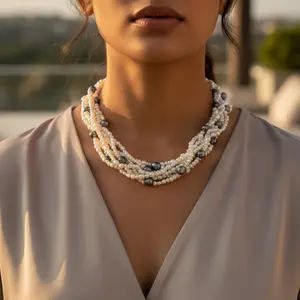 Collier de perles multi-rangs pour femmes, bijoux élégants en pierres précieuses - Product Image 1