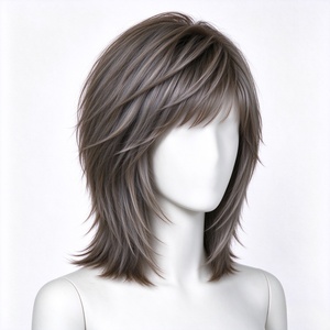 Cool Ash Brown Highlighted Shaggy Wolf Cut <b>Synthetic</b> <b>Wig</b> With Thin Bangs - Product Image 1