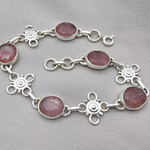 Pink Strawberry Quartz 925 <b>Sterling</b> <b>Silver</b> <b>Bracelet</b> | Handmade Adjustable Gemstone Jewelry Gift for <b>Women</b> - Product Image 1