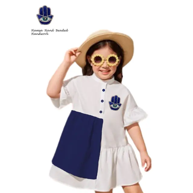 Individuelle Übel-Auge-Patches Kleid für Mädchen Abwehr negativität lässig modisch blau Stehkragenhemd Kleid Kinderkleid lässig