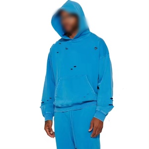 Sudadera con capucha de gran tamaño 420gsm personalizada lavado negro desgastado borde crudo Sudadera con capucha liso azul sólido sudaderas con capucha de talla grande - Product Image 5