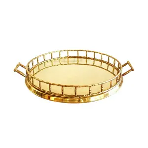 Modern Home Decorative Glass Mirror Bottom Round Tray Gold Metal Serving Tray Factory Customize Size Luxury Mirror Tray with Han