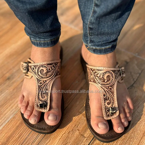 Sandales à bout marron ouvertes en cuir véritable Western élégant fait main véritable pour femmes - Product Image 3