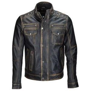 Chaqueta de cuero de motorista de estilo clásico para hombre personalizada al por mayor, chaqueta de cuero de vaca de invierno con cuello levantado, marcas rústicas naturales, negro desgastado - Product Image 1