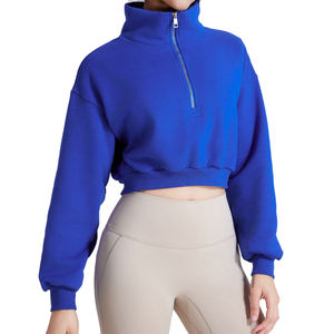 Sudadera con capucha de lana y Top corto personalizado para mujer, sudaderas informales con media cremallera para mujer, Sudadera con capucha recortada para mujer - Product Image 5