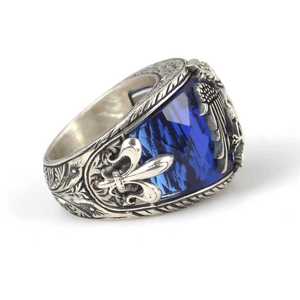 925 Sterling <b>Silver</b> Handmade Ottoman Eagle <b>Men</b>’s <b>Ring</b> with Aquamarine Color Stone | Turkish Jewelry - Product Image 2