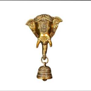 Campana colgante de pared con cara de elefante de latón esmaltado duro inspirada en el budismo - Product Image 1
