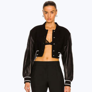 Chaqueta Universitaria Juvenil con Mangas de Cuero, Material de Lana, Cierre de Broches, Ribete Acanalado, Ropa Exterior Informal Diaria, Proveedor OEM ODM - Product Image 2