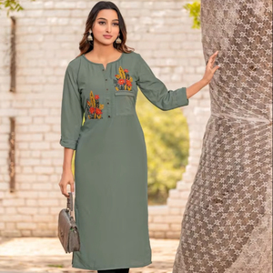 Salwar Kameez décontracté en rayonne légère et élégante avec broderie et poches avant, séchage rapide pour femmes de bureau - Product Image 1